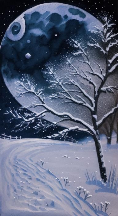 Moonlit Floral Snowscape in Western Ink Style