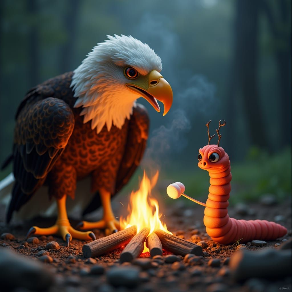 Giant Eagle and Tiny Worm Campfire Marshmallow Roast