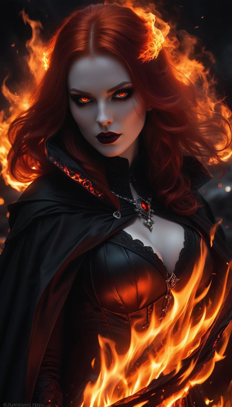 Gothic Redhead Vampire in Fiery Dark Fantasy