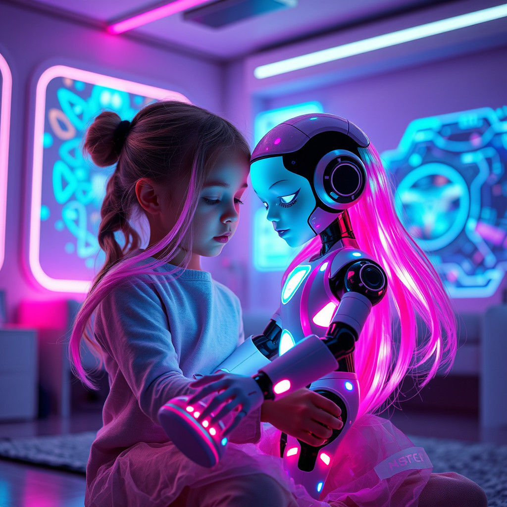 A little girl  play with a futuristic robot doll  with long neon pink hair with built-in holographic features