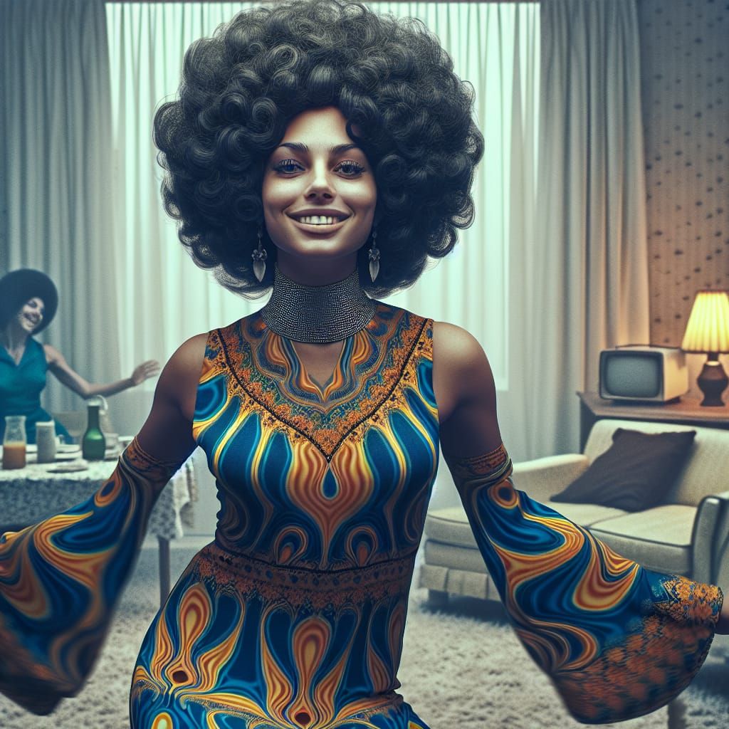 Glamorous 1970s Woman with Afro Dancing in House