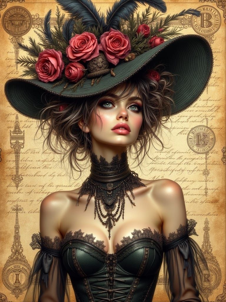Gothic Woman Portrait with Roses in Haute Couture