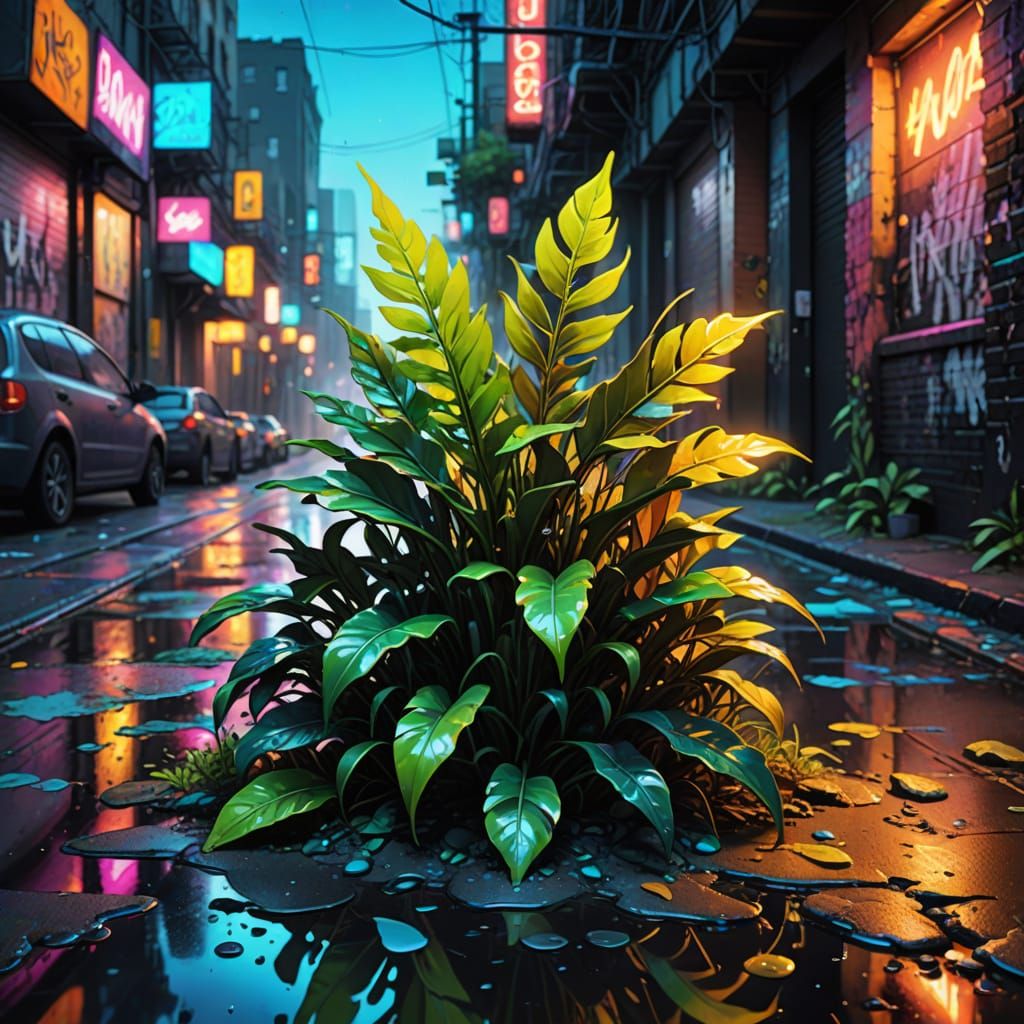 Urban Graffiti Art: Hidden Plant in City Jungle