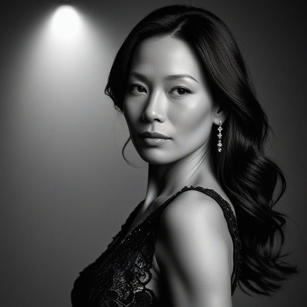 Elegant Black and White Portrait of Lucy Liu in Old Hollywoo...