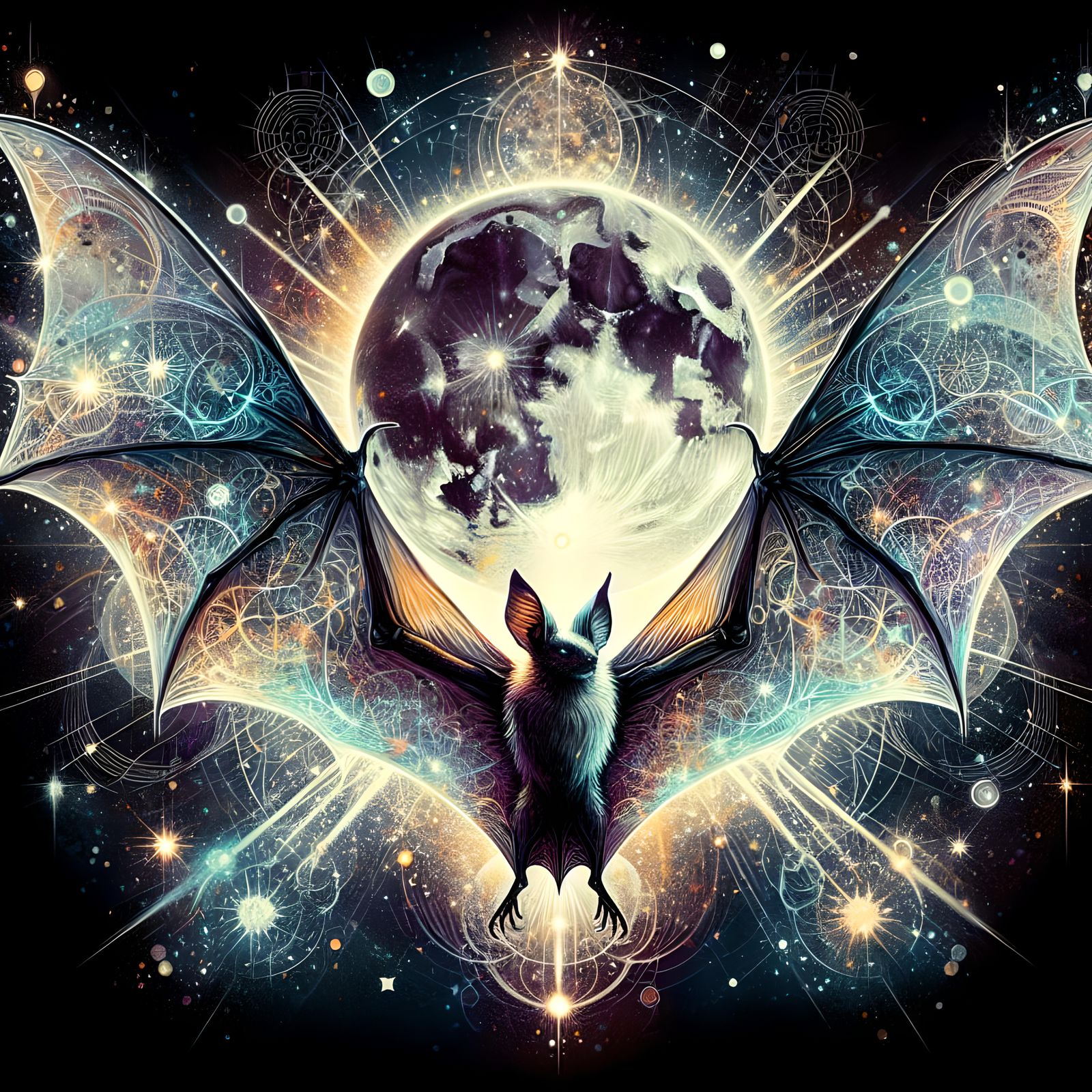Spectral Bat Soaring Before a Glittering Moon
