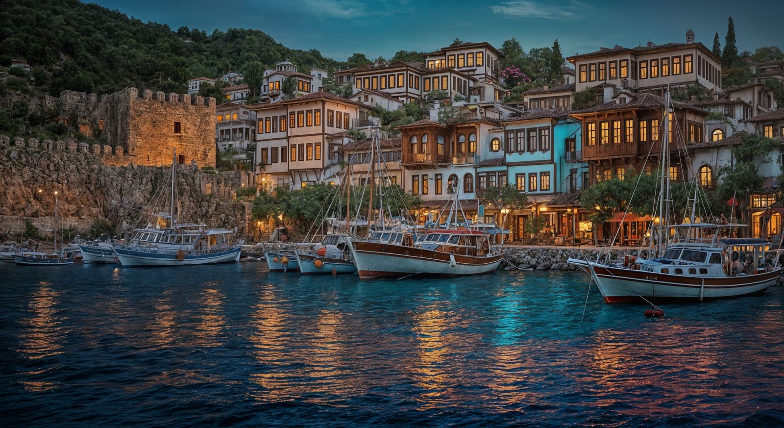 Marmaris Harbor Detailed Line Drawing in Watercolors