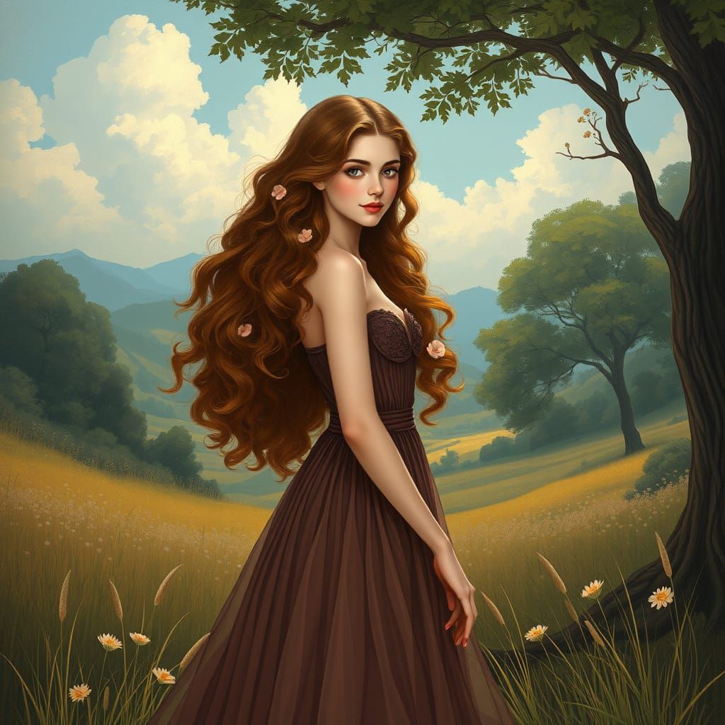 Ethereal Young Woman in Elegant Dress