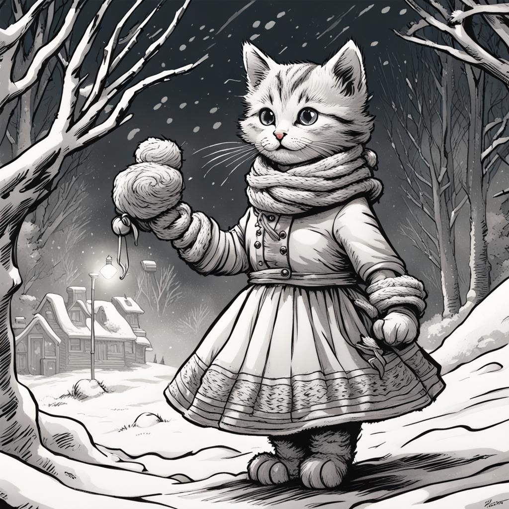 Tabby Kitten Builds Snowcat: Tenniel-Style Drawing