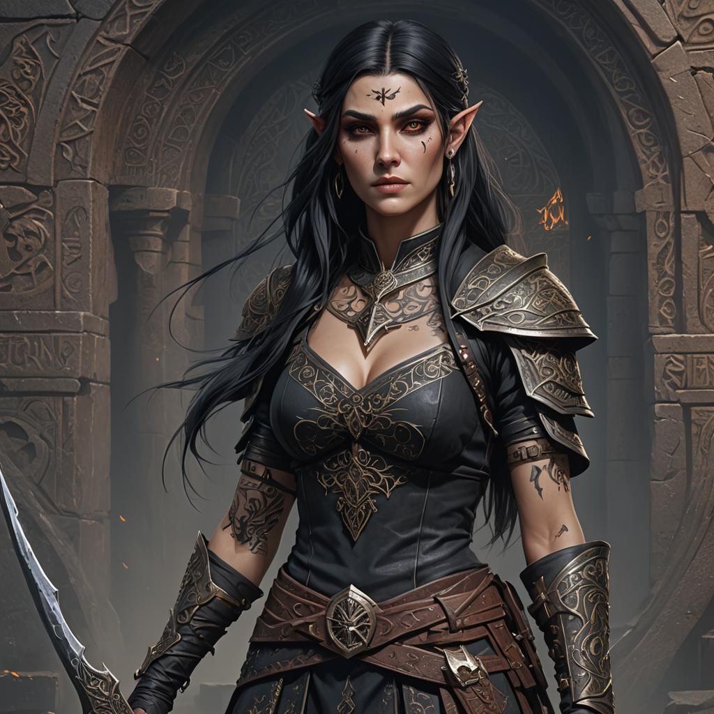 Gothic Half-Elf Warlock with Inscriptions, Detailed Matte Pa...