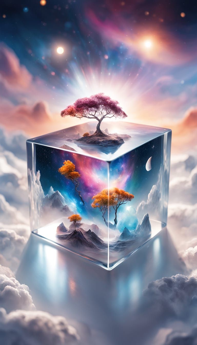 Surreal Cosmic Vortex Inside a Glass Cube
