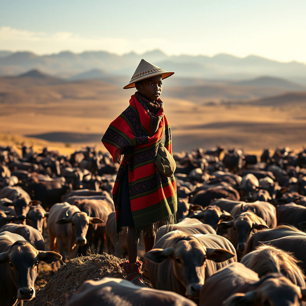Young Mosotho Boy Herding Cattle in African Landscape