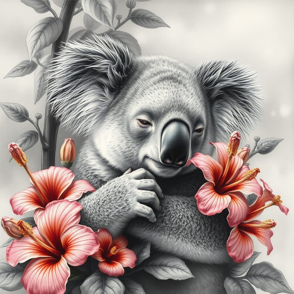 Hyper-Realistic Charcoal Drawing of Koala in Hibiscus Bloom