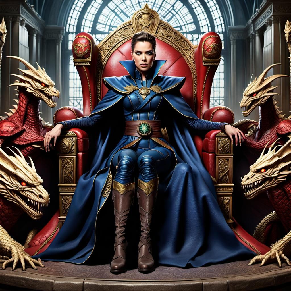 Khloe Kardashian as marvel comics Dr Strange cape sitting on a throne surrounded by Bones pet dragons