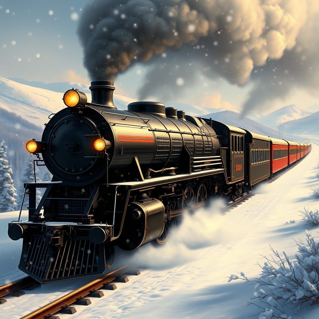 Majestic Black Steam Train Speeds Through Snowy Winter Lands...