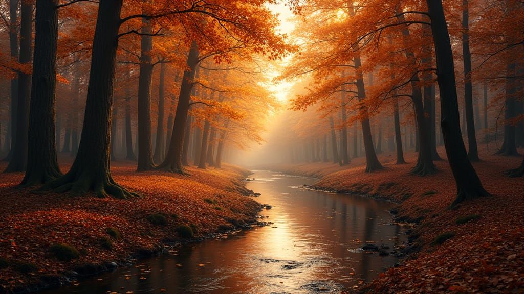 Mystical Autumn Landscape with Creek at Sunset