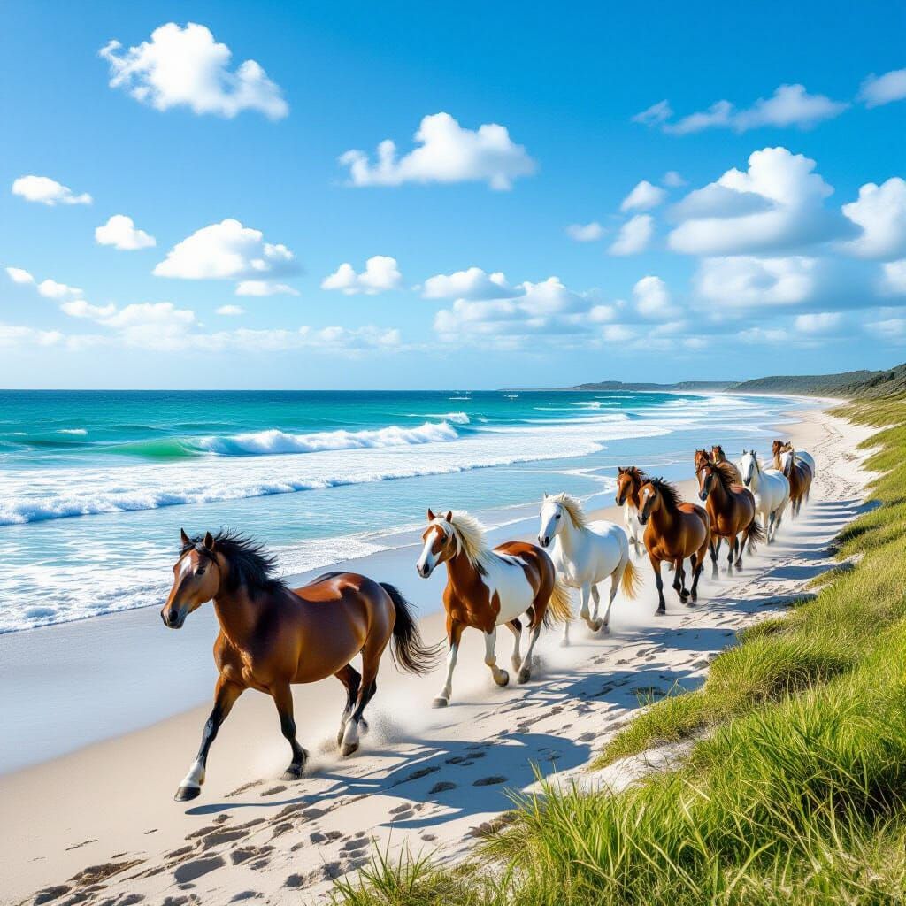 Appaloosa Horses Running on a Scenic Beach