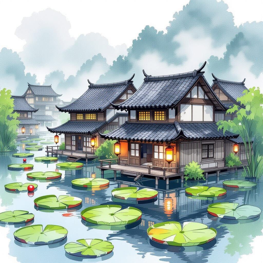 Fantasy Lily Pad Village in Anime Style