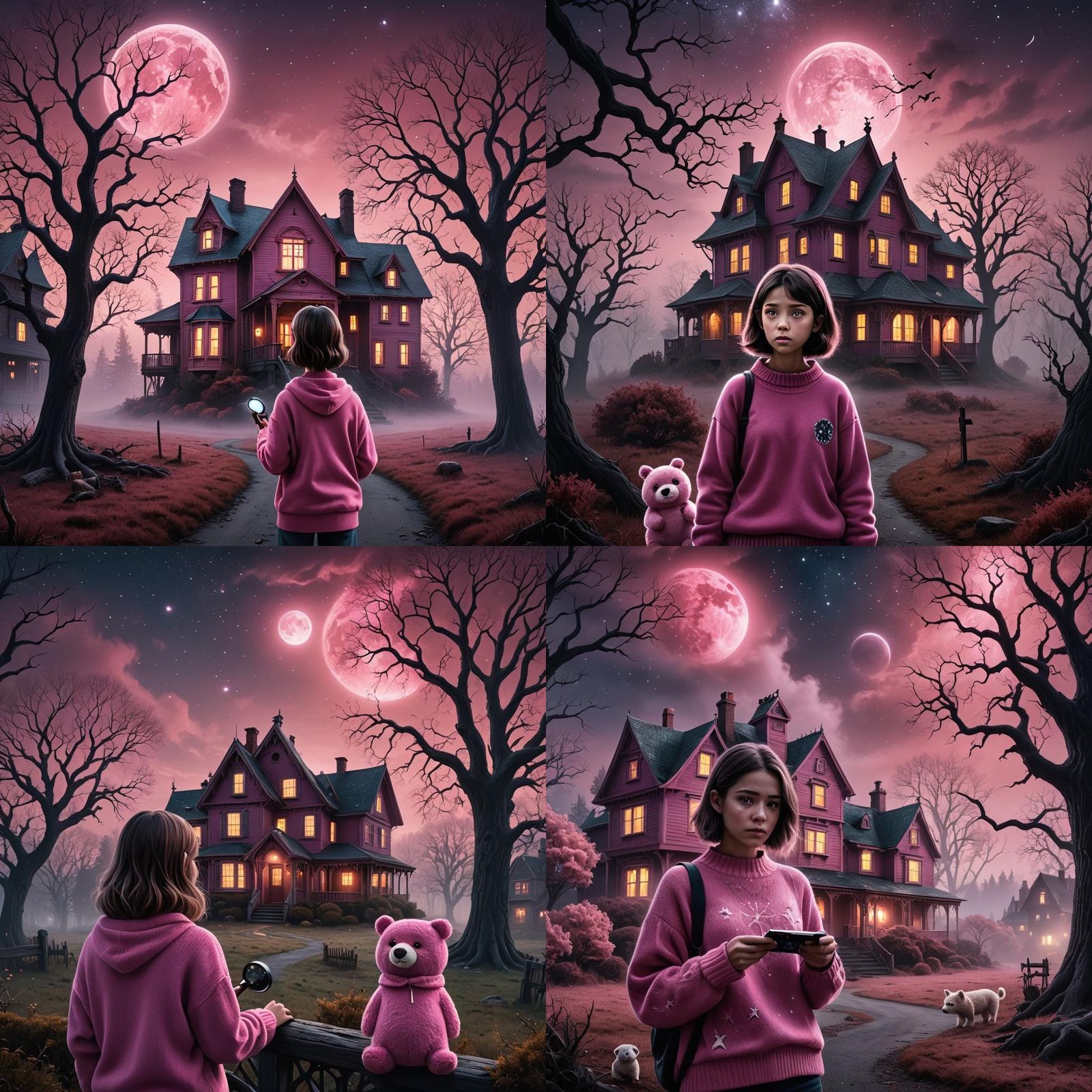 Eerie Horror Movie Scene with Girl and Starry Sky