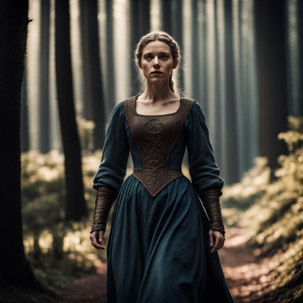 Medieval Woman Walking in Woods: Hyperrealistic Image