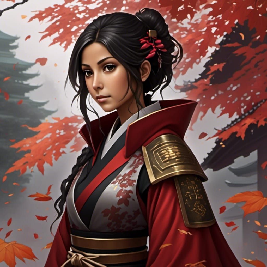 Samurai Portrait with Autumn Leaves in Anime Style