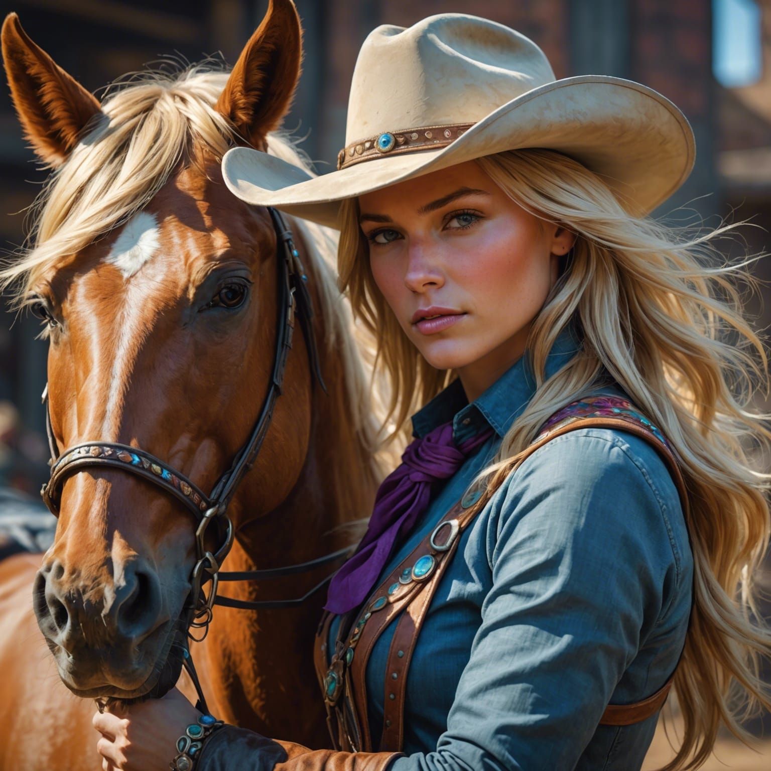 Cowgirl and Wild Horse Portrait in Art Nouveau Style