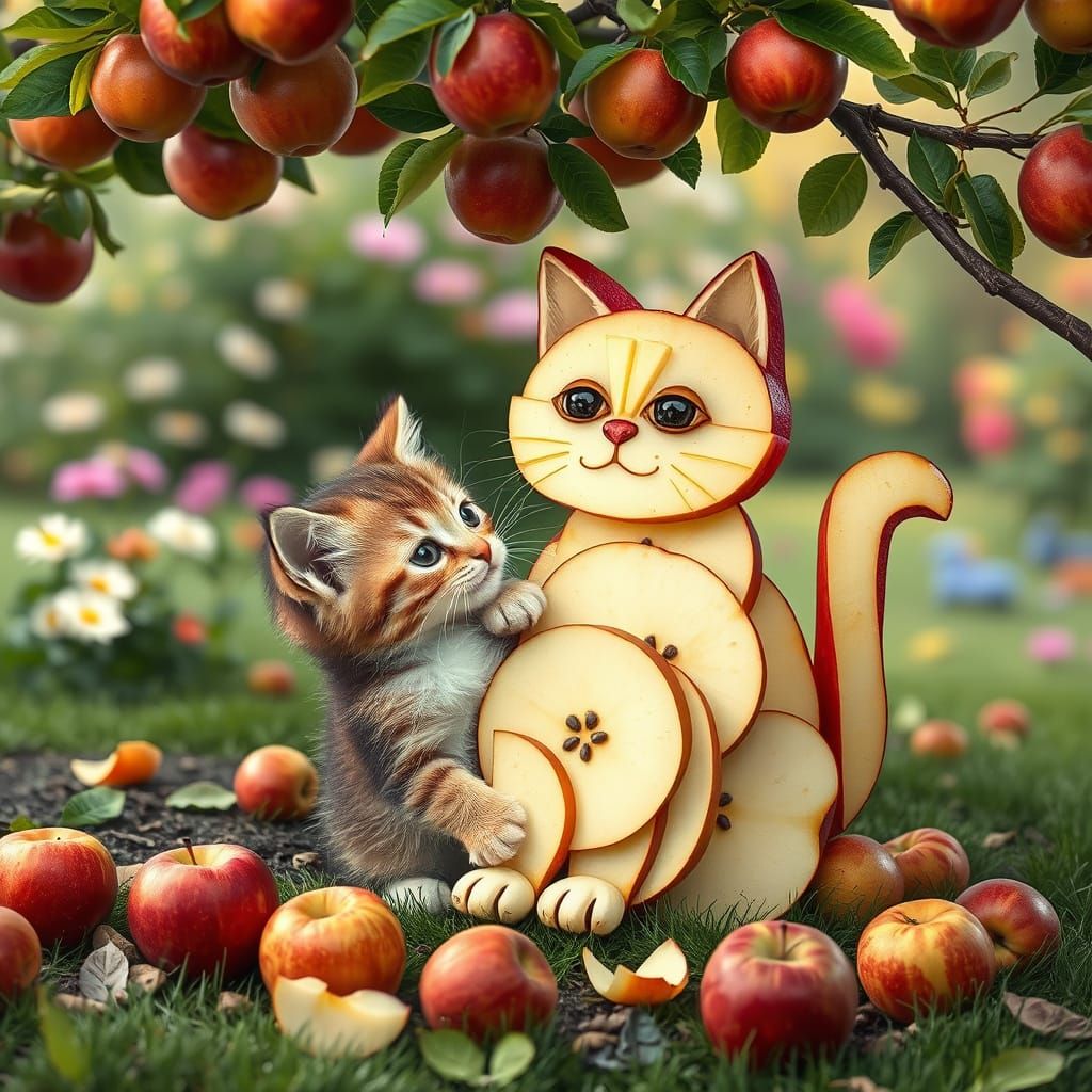 Whimsical Feline Friends Play Among Autumn Apples