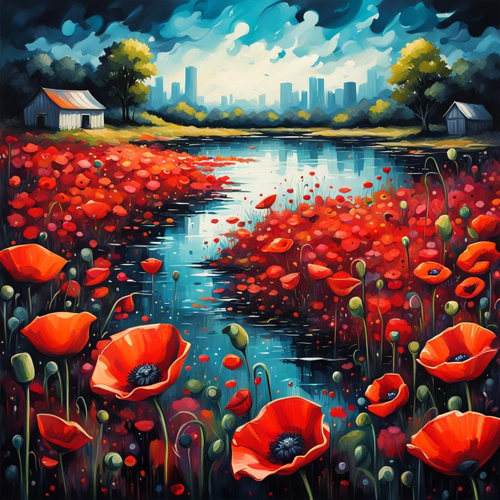 poppy field by a lake