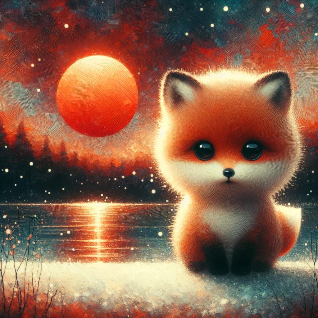 Fluffy Fox by Sparkling Lake: Impasto Painting