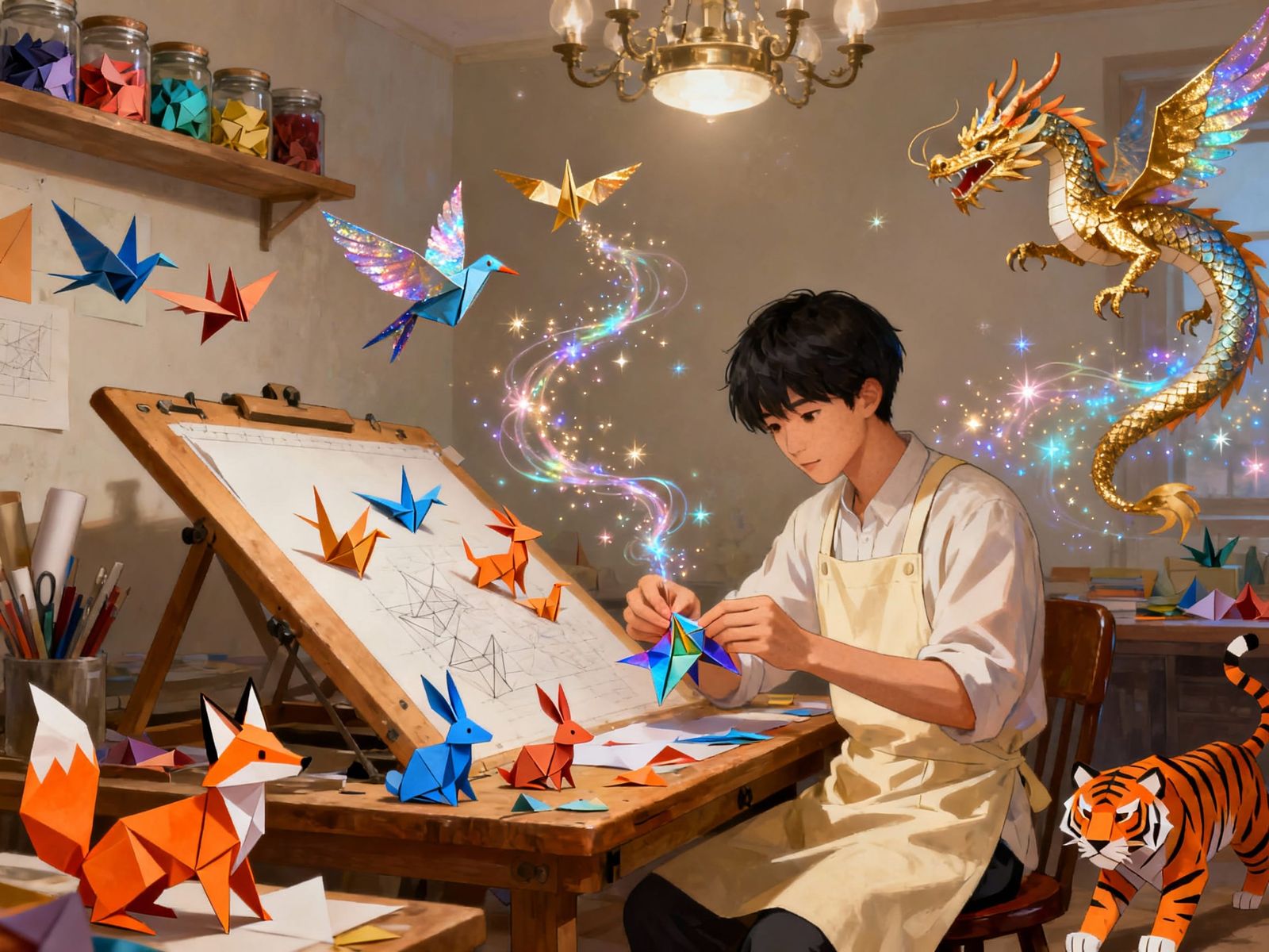 Origami Master Folds Magic Animals in Fantasy Painting