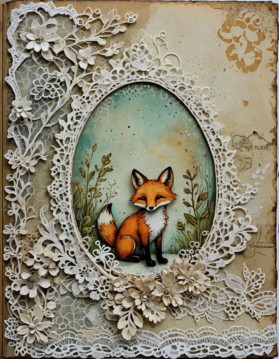 Blank Journal Page with Lace and Fox Illustration