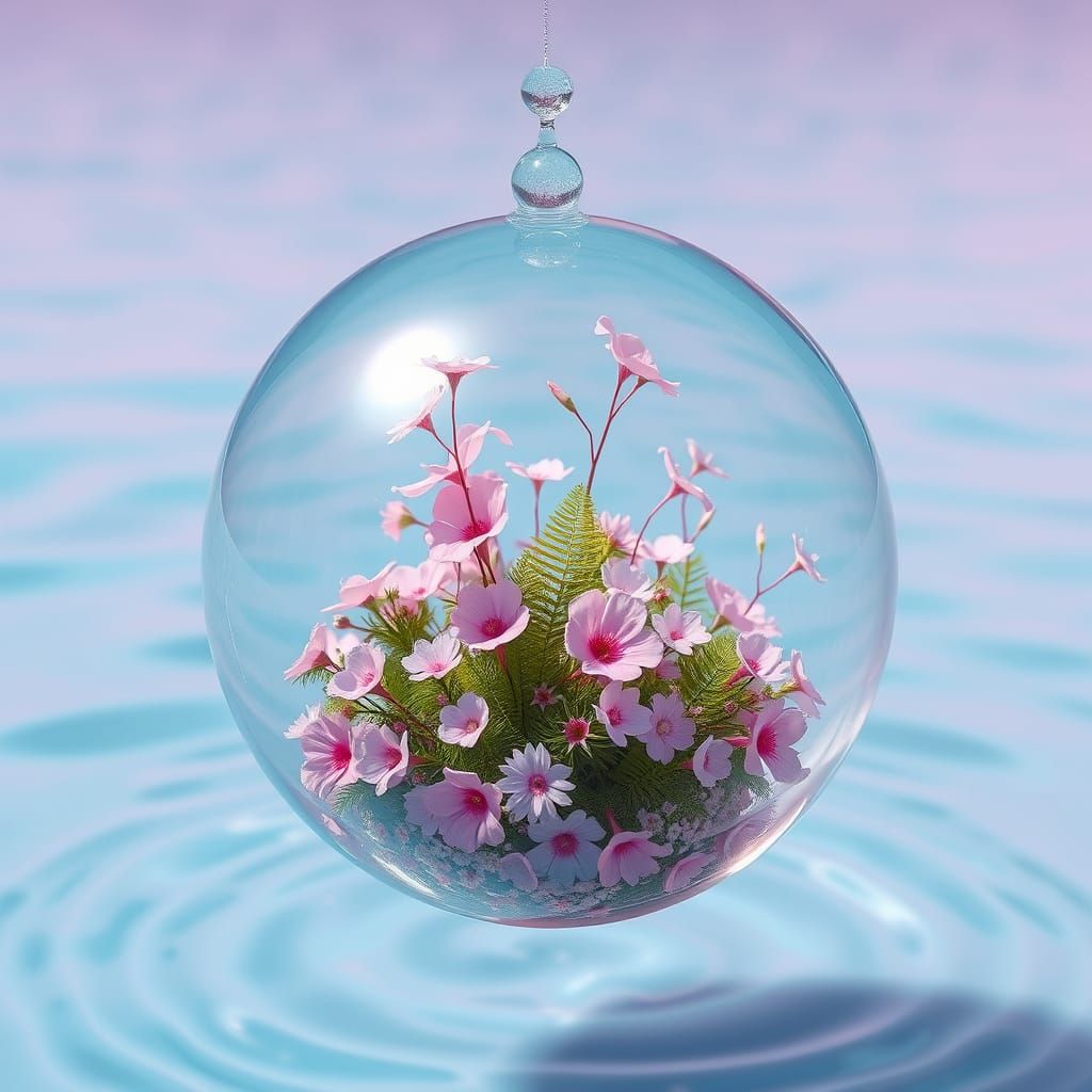 Ethereal Crystal Orb Encompasses Lush Pink Paradise
