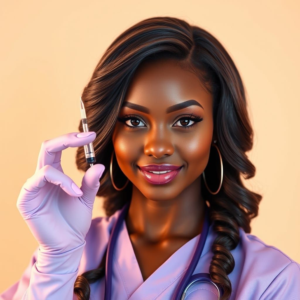 Stunning African American Woman in Lavender Nurse Scrubs