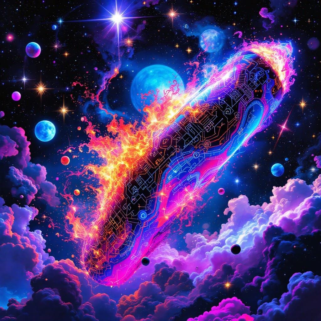 Sleek Cylinder with Circuit Art in Fiery Space