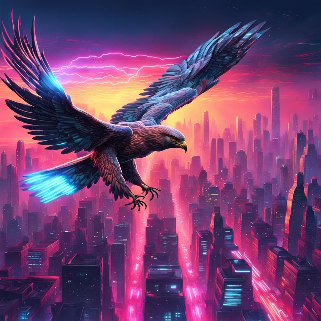 Cyberpunk Hawk Over Neon Cityscape