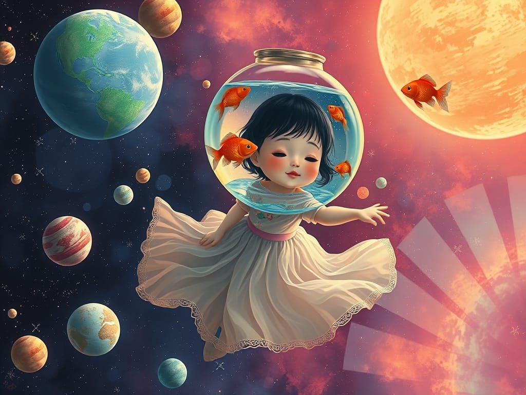 Asian Girl in Celestial Dreamscape with Glass-like Textures