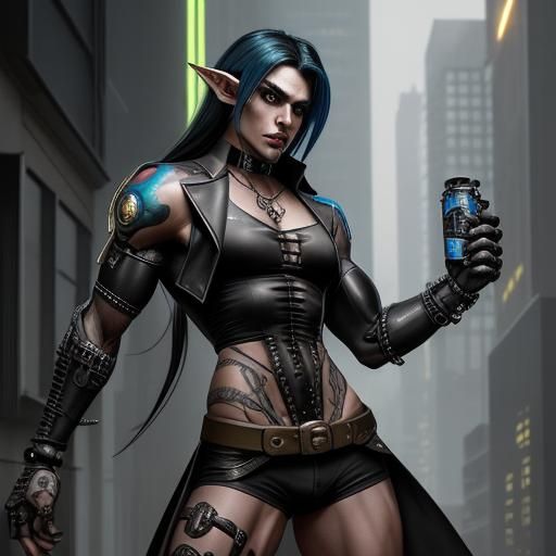 Gothic Cyberpunk Elf Detective: Androgynous Cyborg