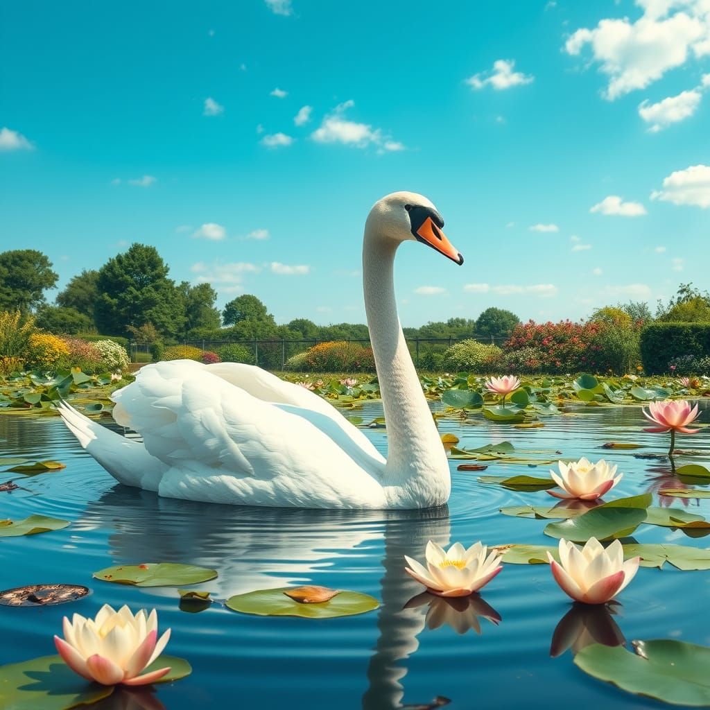 Majestic Swan Glides on Tranquil Pond with Lotus Flowers