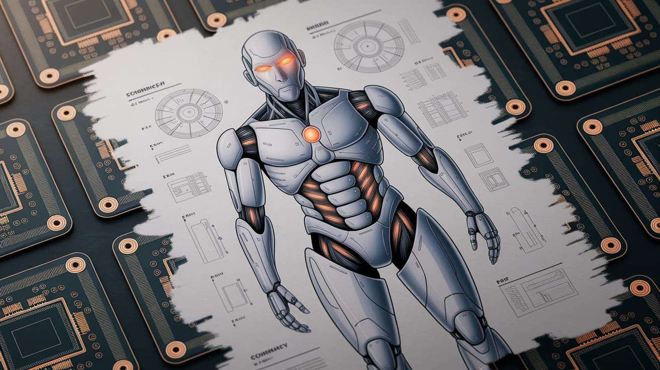 Cyborg Schematic Blueprint in Charcoal Illustration Style