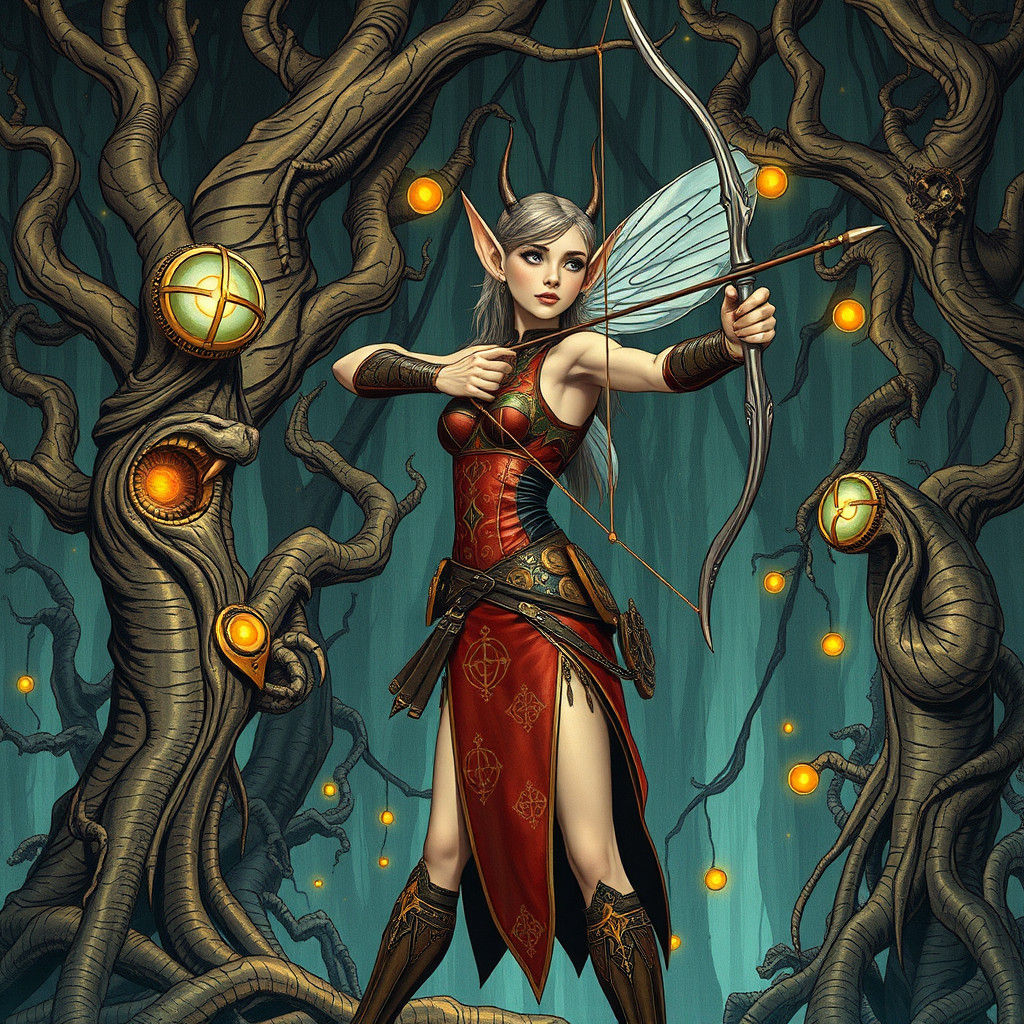 Fairy Elf Archer in Surreal Impasto Forest