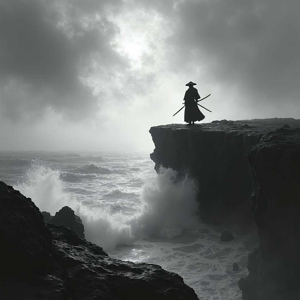 Samurai on Cliff Overlooking Stormy Sea in Cinematic Style