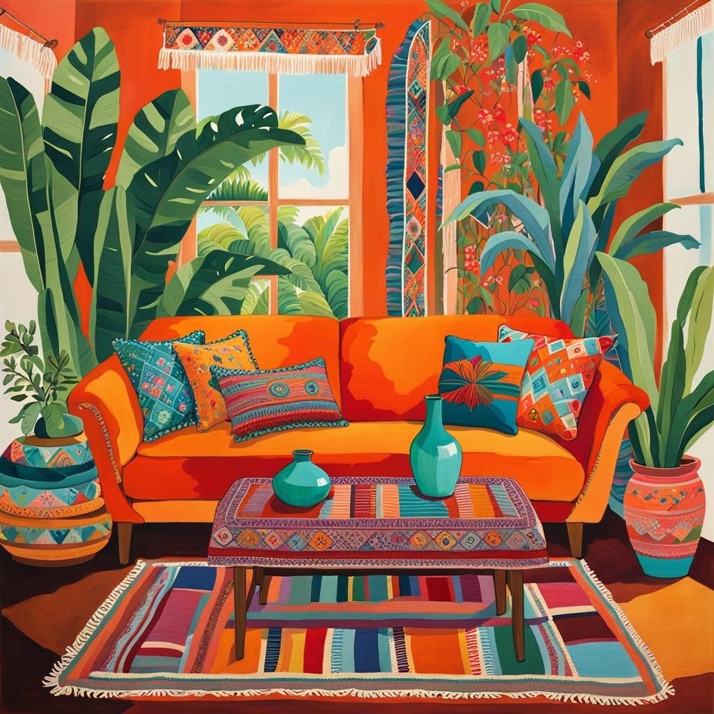 Boho Living Room in Naive Art Style