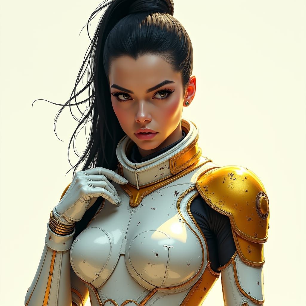 Space Woman in White and Gold Armor: Acrylic Illustration