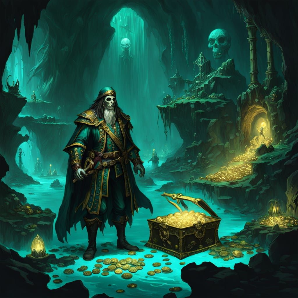 Spectral Pirate Captain Guards Bioluminescent Treasure Grott...