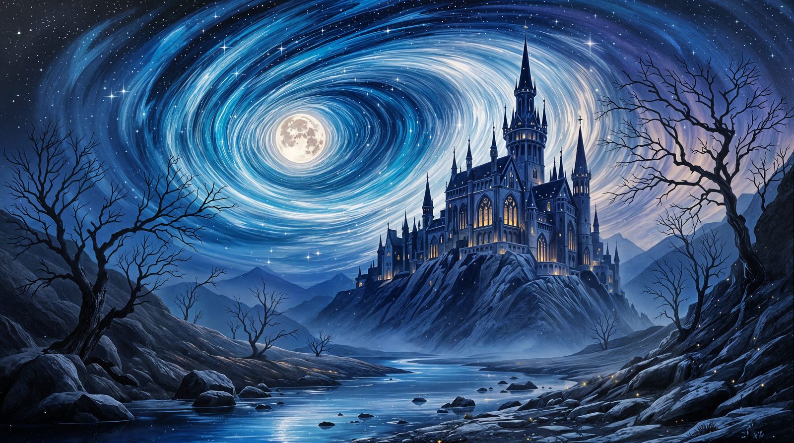 Gothic Castle Amidst Celestial Vortex