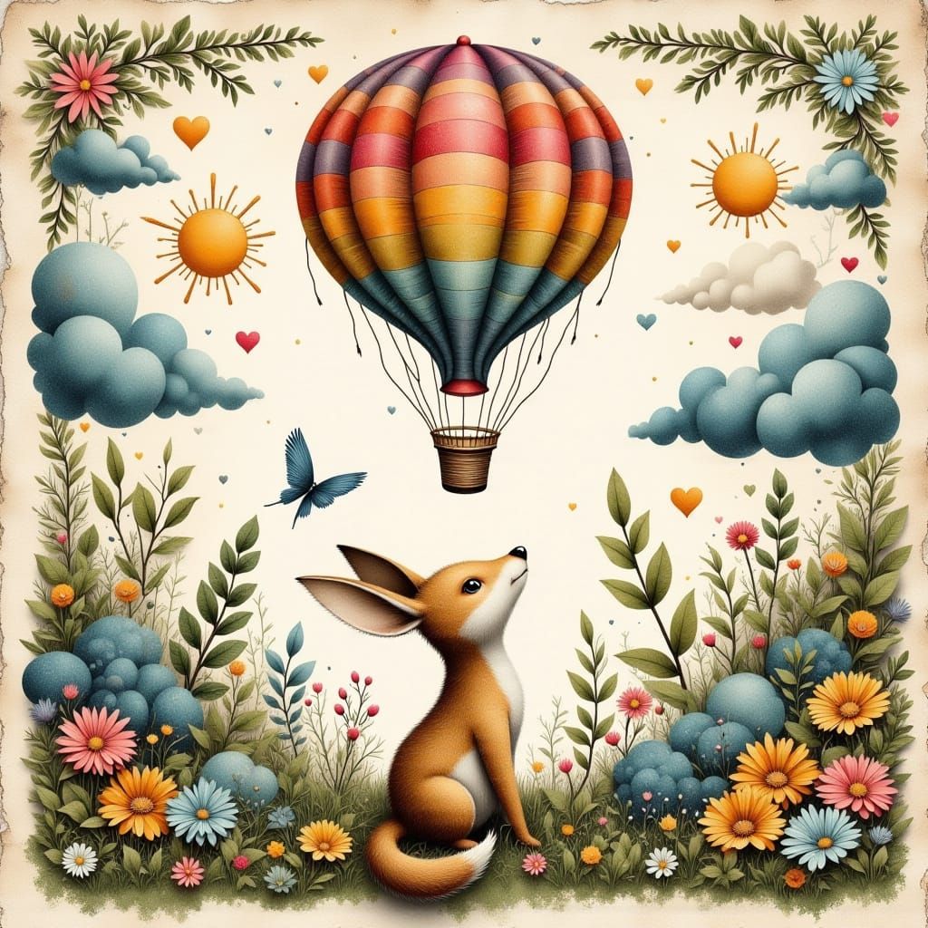 Whimsical Woodland Creature Under Hot Air Balloon