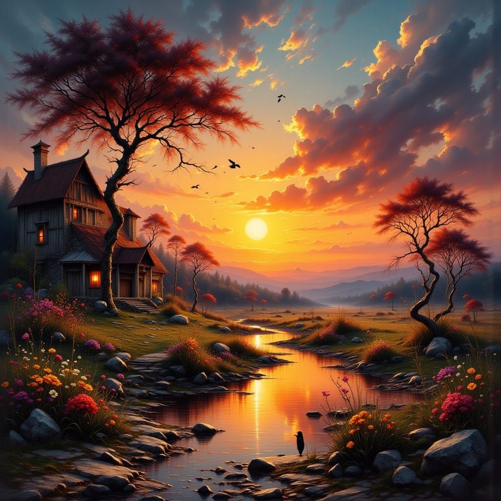 Ancient Village Sunset in Deep Colors