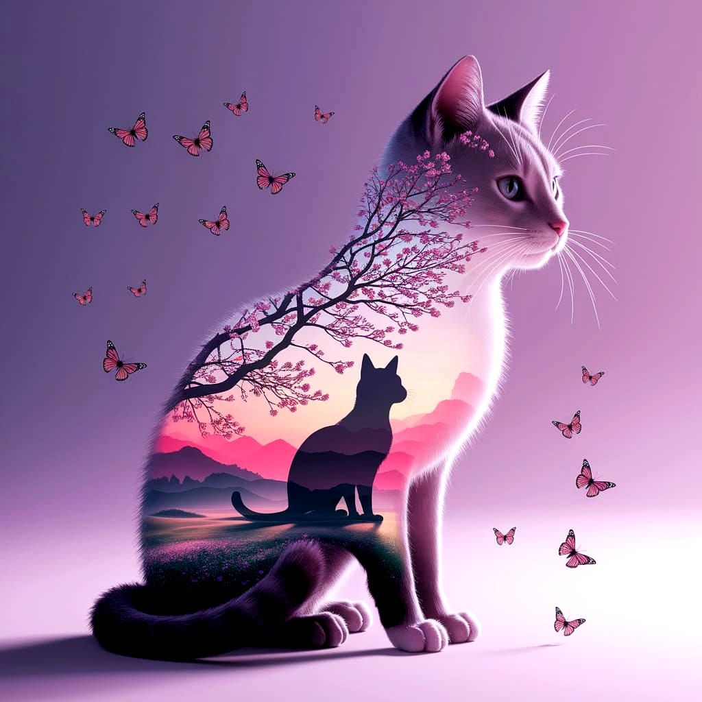 Japanese Landscape Inside Cat Silhouette, Digital Art