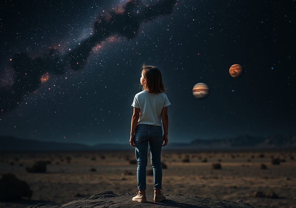 Girl on Saturn gazing at Earth, Mars and Jupiter