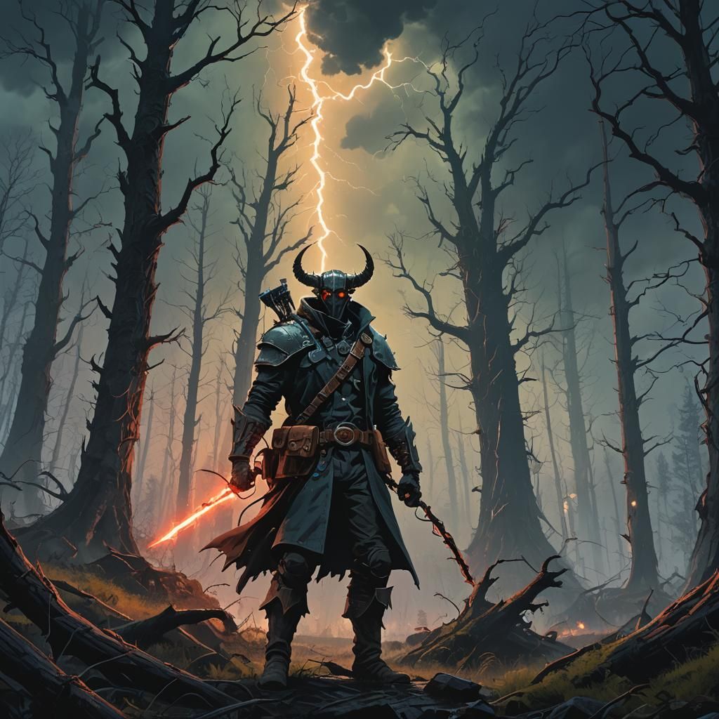 Apocalyptic Demon Hunter in Ancient Forest