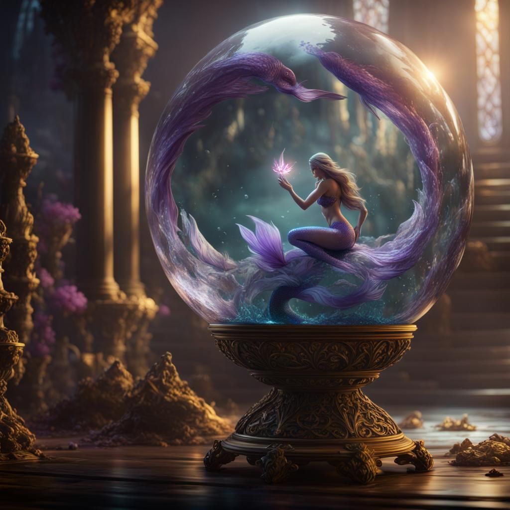 Mermaid Scene in Crystal Orb: Dark Fantasy Art